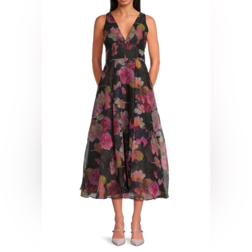 MONIQUE LHUILLIER Gisellle Crinkled Floral Organza Midi-Dress Size 2 NWT - Picture 5 of 9